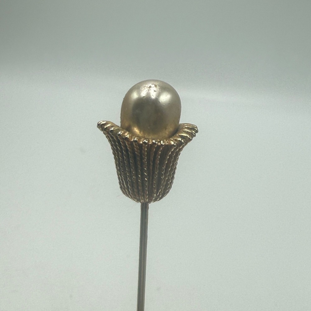 Vintage Faux Pearl Tulip Stick Pin Gold Tone Textured Floral Lapel Hat Pin